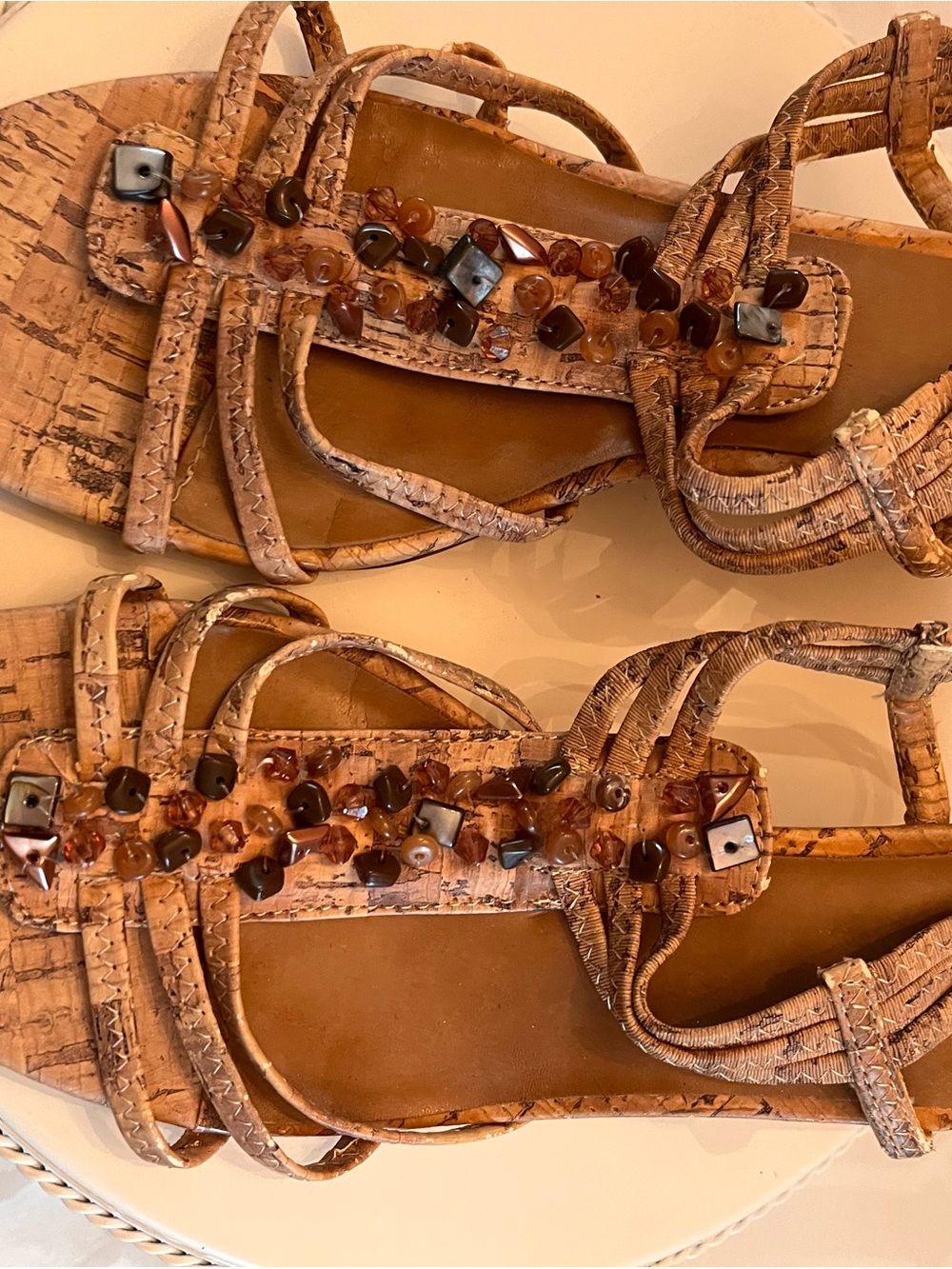 Beaded Cork-Strap Women's Sandals in Tan-Size 6 1/2